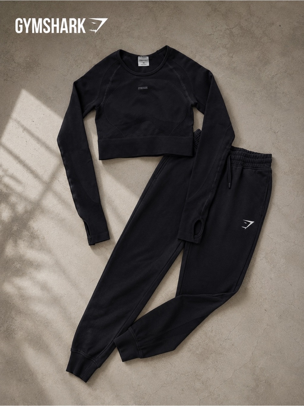 Gymshark Black Cropped Long Sleeve Top & Black Joggers Set